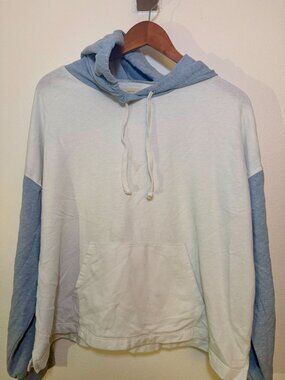 Madewell Womens Large Two-Tone Lightweight Hoodie | White and Light Blue